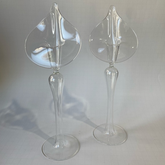 Vintage hand blown Calla Lilly glass candle holders clear Jack in the Pulpit S/2 - Picture 1 of 10